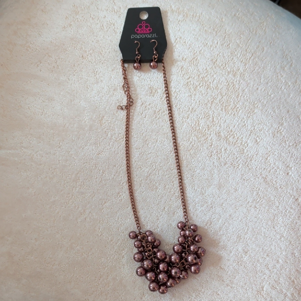 Paparazzi Grandiose Glimmer Copper Beaded Statement Necklace Earrings Set New - Picture 2 of 6